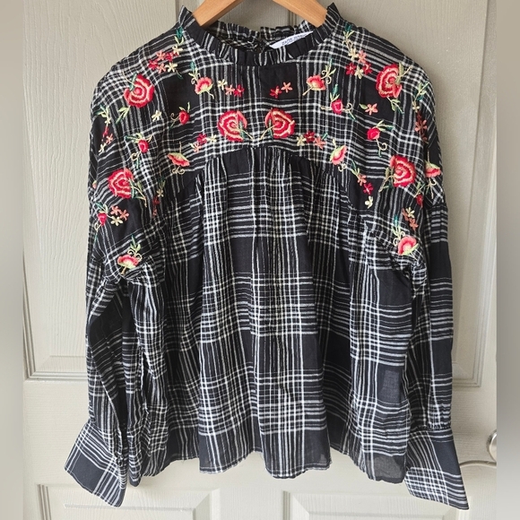 Zara Basic  Denim Embroidered Floral Checked Shirt Top Size Small Women - Picture 2 of 15